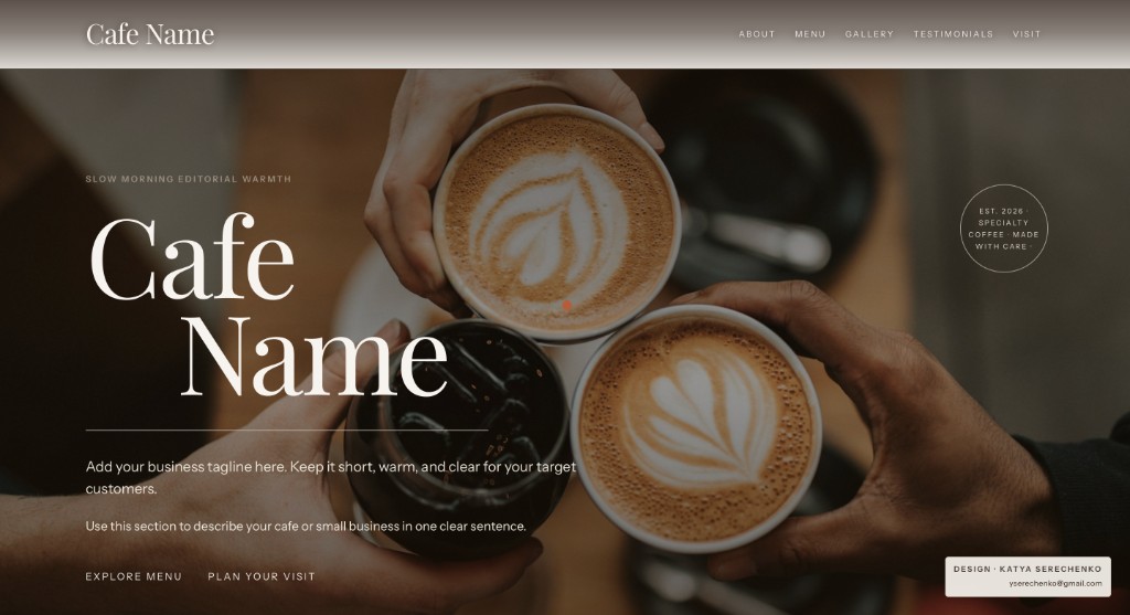 Cafe template hero: overhead latte art, navigation, and editorial typography