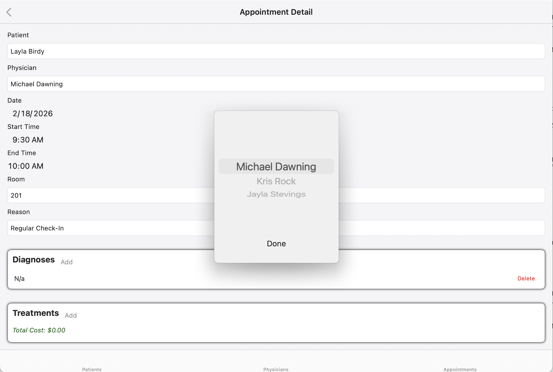 TheraOffice appointment detail screen with physician picker